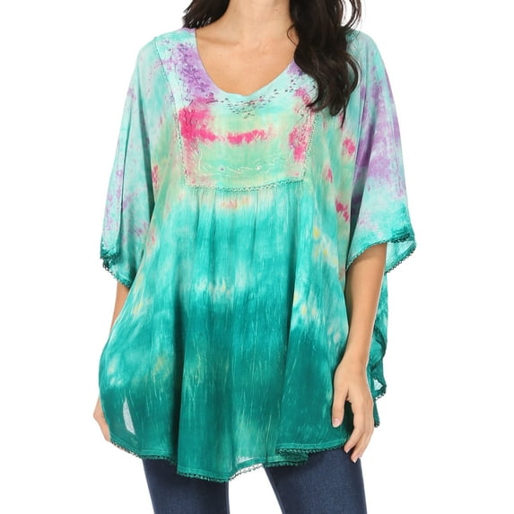 Sakkas Lepha Long Wide Multi Colored Tie Dye Sequin Embroidered Poncho Top Blouse - Purple - OS