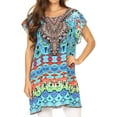 thumbnail image 1 of Sakkas Lesedi Top Blouse With Cap Sleeves Colorful Print and Rhinestones - 17230-Turq-multi - One Size Regular, 1 of 5
