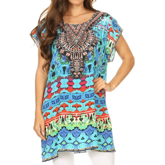 Sakkas Lesedi Top Blouse With Cap Sleeves Colorful Print and Rhinestones - 17230-Turq-multi - One Size Regular