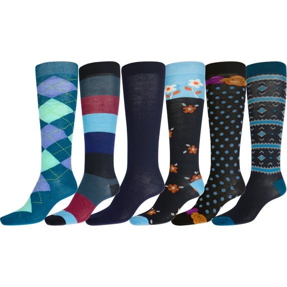 Sakkas Liea Ladies Colorful Unique Pattern / Solid Knee High Socks Assorted 6-Pack - Style2 - 9-11