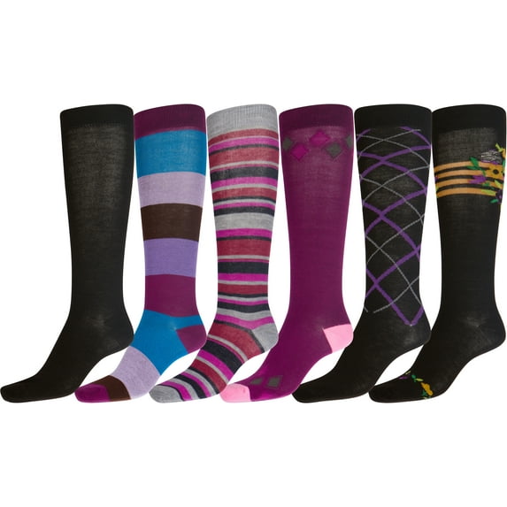Sakkas Liea Ladies Colorful Unique Pattern / Solid Knee High Socks Assorted 6-Pack - Style6 - 9-11