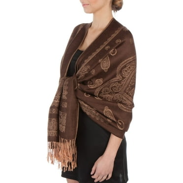 Sakkas Lightweight Two Tone Paisley Design Pashmina Fringe Scarf / Stole / Wrap - Brown / Beige - One Size