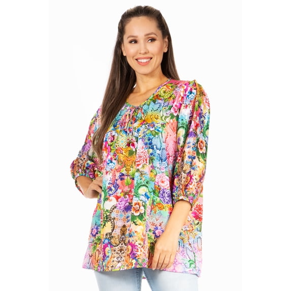 Sakkas Ligia Women's 3/4 Sleeve Casual Floral Loose Tunic Blouse Shirt Round Neck - 550-Multi - L/XL
