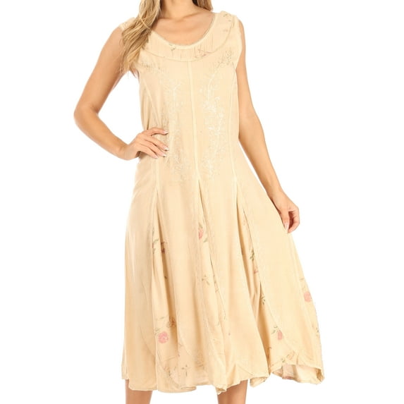 Sakkas Lila Women's Midi Sleeveless Floral Boho Casual Rayon Dress Adjustable - Beige - 1X/2X