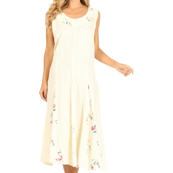 Sakkas Lila Women's Midi Sleeveless Floral Boho Casual Rayon Dress Adjustable - Ivory - S/M