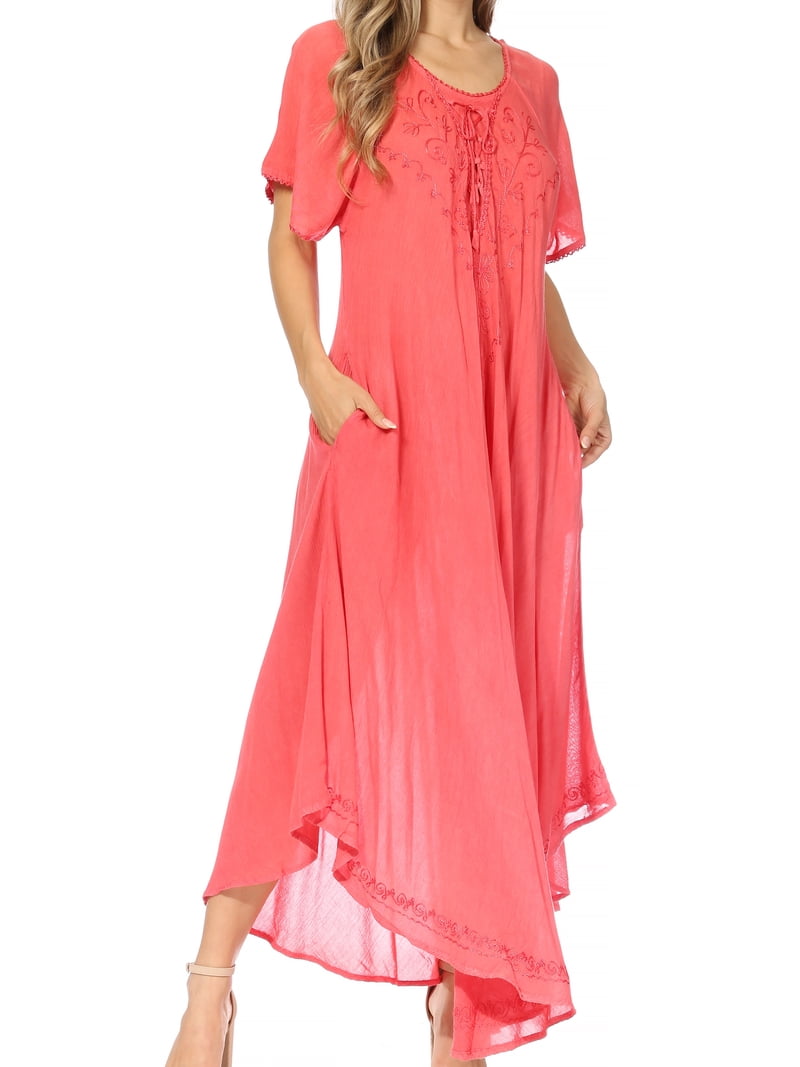 Sakkas Lilia Embroidered Lace Up Bodice Relaxed Fit Maxi Sun Dress - A- Salmon - One Size Regular - Walmart.com