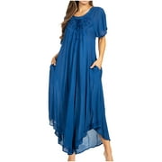 Sakkas Lilia Embroidered Lace Up Bodice Relaxed Fit Maxi Sun Dress - Blue - One Size Regular