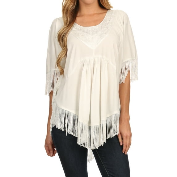 Sakkas Lilly Boho Embroidered Fringe Poncho Top - Cream - OS