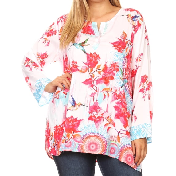 Sakkas Linea Women's Casual Floral Print Long Sleeve Swing Boho Pullover Tunic Top - FR216-Red - Plus Size