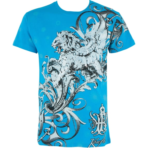 Sakkas Lion and Vines Metallic Silver Embossed Cotton Mens Fashion T-Shirt - Turquoise - X-Large
