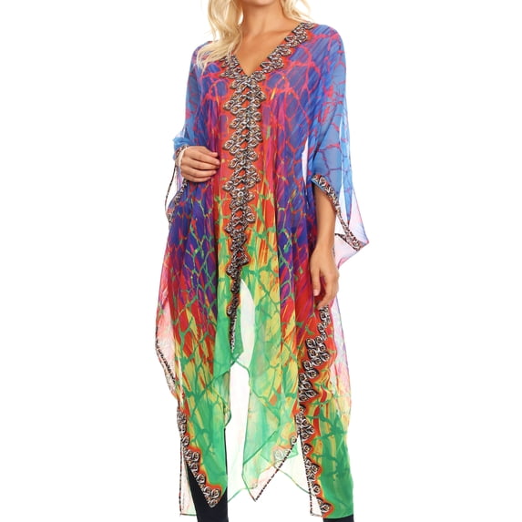 Sakkas Livi Women's V Neck Beach Dress Cover up Caftan Top Loose with Rhinestone - JFM91-Multi - One Size Regular