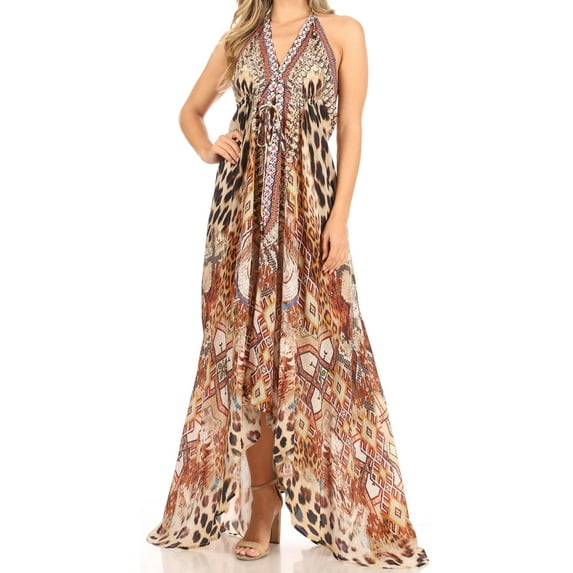 Sakkas Lizi Womens Maxi High-low Halter Handkerchief Long Dress Beach Party - TRBR274-Brown - One Size
