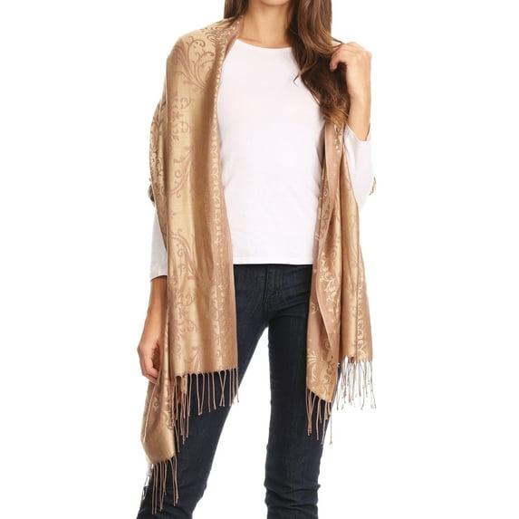 Sakkas Luna Reversible Tile Brocade Scarf Shawl Wrap Stole Soft and Warm - Camel - One Size Regular