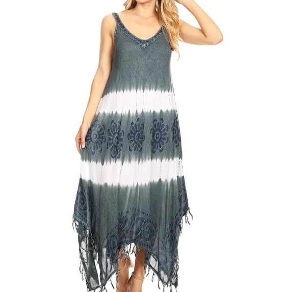 Sakkas Lupe Women's Casual Summer Fringe Maxi Loose V-neck High-low Dress Cover-up - Blue - One Size Regular