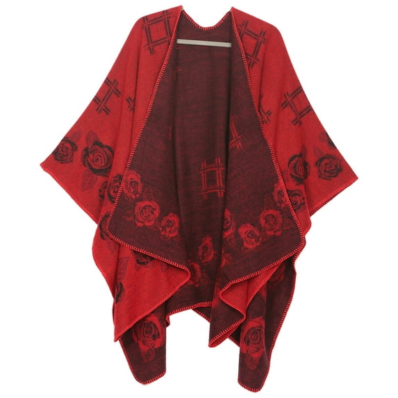 Sakkas Lupe Womens Reversible Poncho Wrap Cape Shawl Sweater Coat Cardigan Pattern - RoseBurgundyBlack - One Size Regular