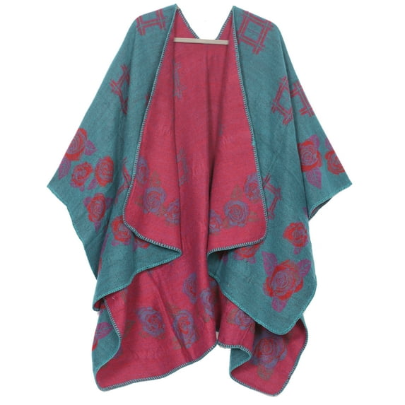 Sakkas Lupe Womens Reversible Poncho Wrap Cape Shawl Sweater Coat Cardigan Pattern - RoseRedBlue - One Size Regular