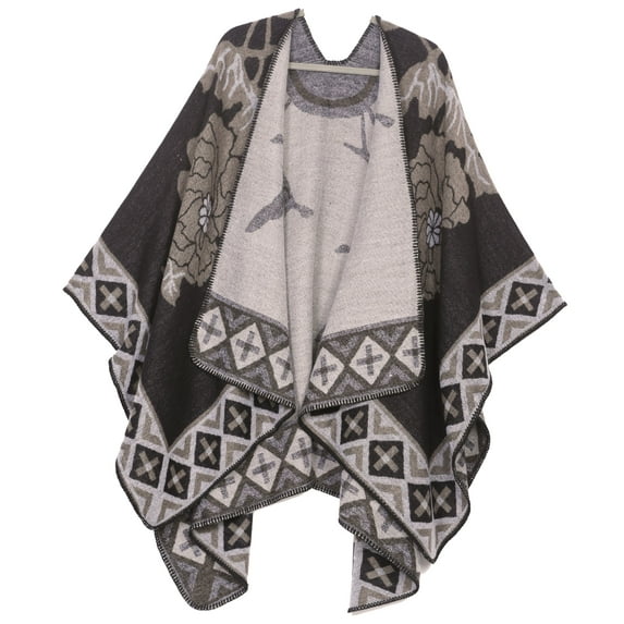 Sakkas Lupe Womens Reversible Poncho Wrap Cape Shawl Sweater Coat Cardigan Pattern - Tile Black - One Size Regular