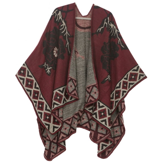 Sakkas Lupe Womens Reversible Poncho Wrap Cape Shawl Sweater Coat Cardigan Pattern - Tile Burgundy - One Size Regular
