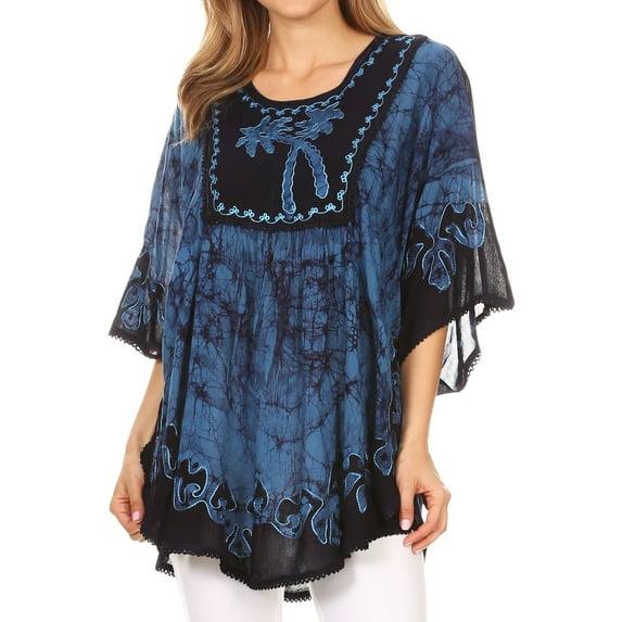Sakkas Lynda Two Tone Batik Embroidered Palm Tree Peasant Top / Poncho - Blue - One Size Regular