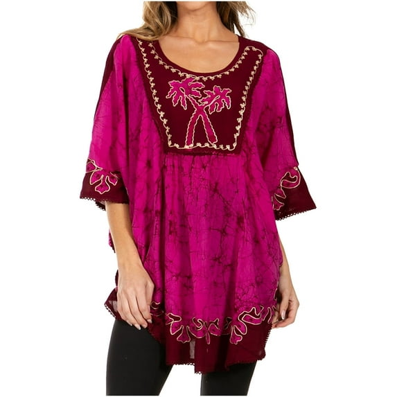 Sakkas Lynda Two Tone Batik Embroidered Palm Tree Peasant Top / Poncho - Burgandy / Pink - One Size Regular