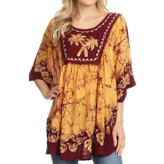 Sakkas Lynda Two Tone Batik Embroidered Palm Tree Peasant Top / Poncho - Chocolate - One Size Regular