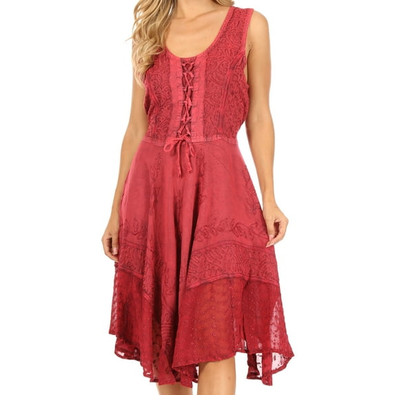 Sakkas Magdilena Stonewashed Corset Front Embroidered Dress - Fuchsia - L/XL