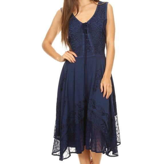 Sakkas Magdilena Stonewashed Corset Front Embroidered Dress - Navy - 1X/2X