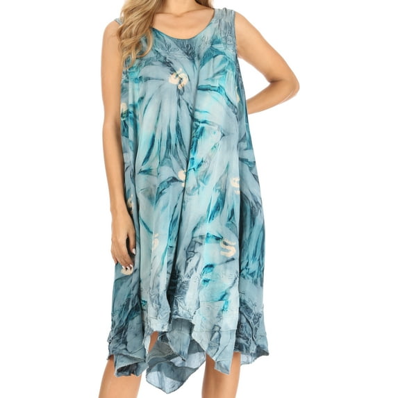 Sakkas Magy Women's Casual Summer Sleeveless Loose Tank Dress Tie-dye Floral Print - GreyTurq - One Size