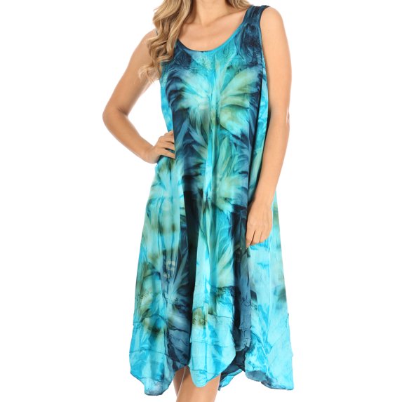 Sakkas Magy Women's Casual Summer Sleeveless Loose Tank Dress Tie-dye Floral Print - TurqNavy - One Size