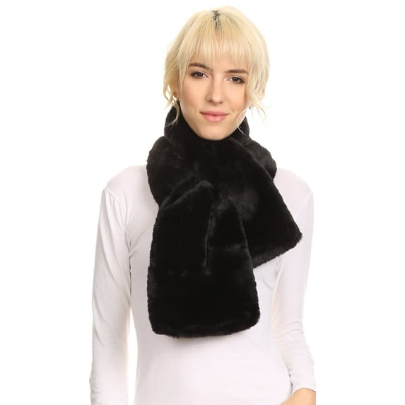 Sakkas Malen Long Rectangle Faux Fur Warm Soft Furry Wrap Around Loophole Scarf - Black - OS