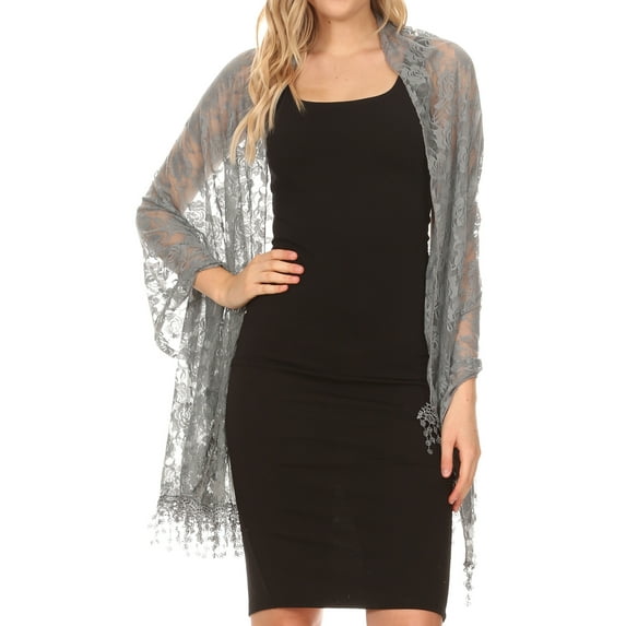 Sakkas Mari Women's Large Lightweight Soft Lace Scarf Wrap Shawl Floral and Fringe - GrayRoseLace - One Size