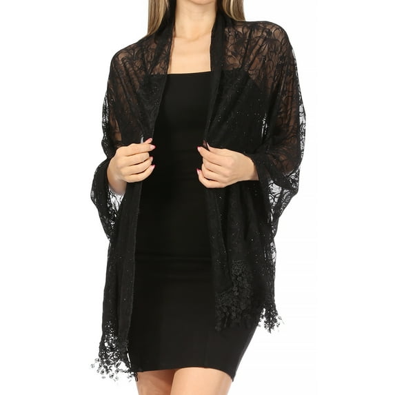 Sakkas Mari Women's Large Lightweight Soft Lace Scarf Wrap Shawl Floral and Fringe - Style4-Black - One Size