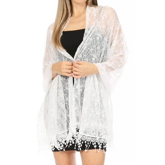 Sakkas Mari Women's Large Lightweight Soft Lace Scarf Wrap Shawl Floral and Fringe - Style4-White - One Size