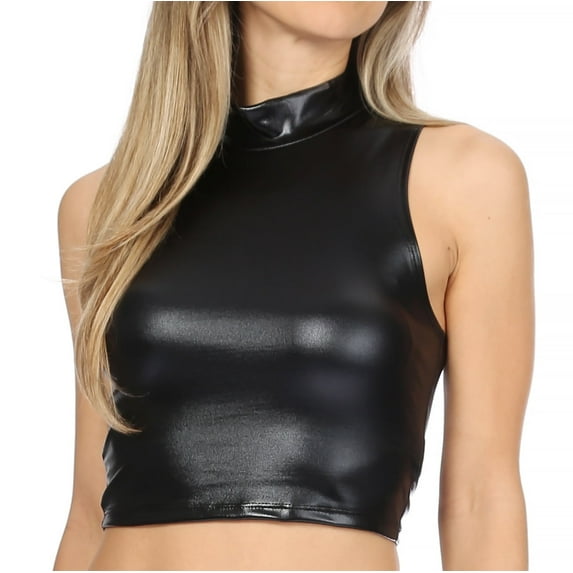 Sakkas Mariana Women's Party Liquid Shiny Metallic Stretch Sleeveless Tank Top - Black - Small