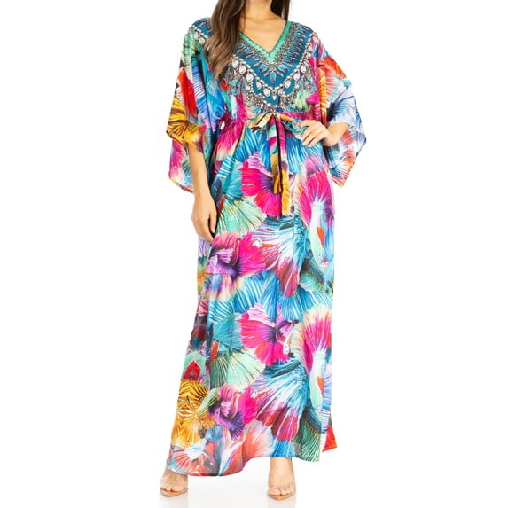 Sakkas Maribel Women's Maxi Caftan Dress Short Sleeves V Neck Long Loose Casual - 563-Multi - L/XL