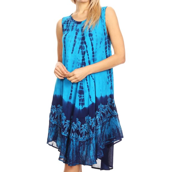 Sakkas Mariela Women's Tie Dye Loose Sleeveless Tank Short Nightgown Dress Coverup - Navy / Blue - One Size Regular