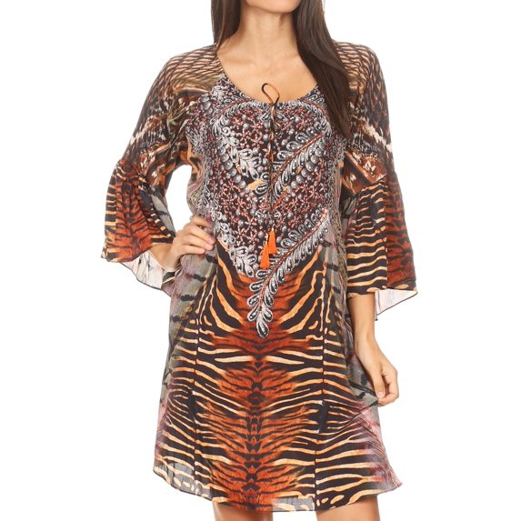 Sakkas Maris Women's Casual Shift 3/4 Sleeve Short Mini Dress A Line Print Silky - ZBK287-Black - One Size Regular