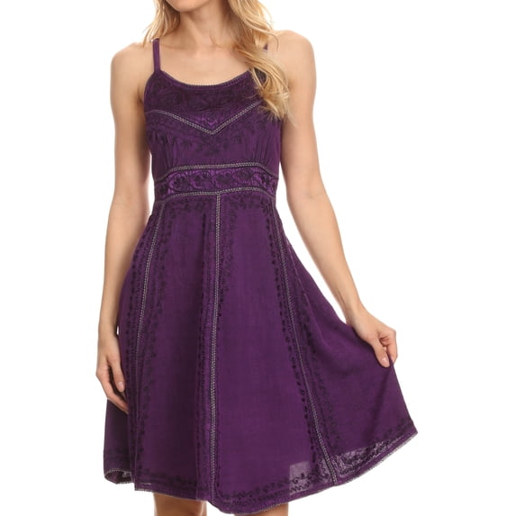 Sakkas Markay Short Mid Length Spaghetti Strap Sleeveless Embroidered Batik Dress - Purple - L/XL