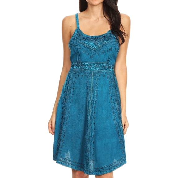 Sakkas Markay Short Mid Length Spaghetti Strap Sleeveless Embroidered Batik Dress - Turquoise - L/XL