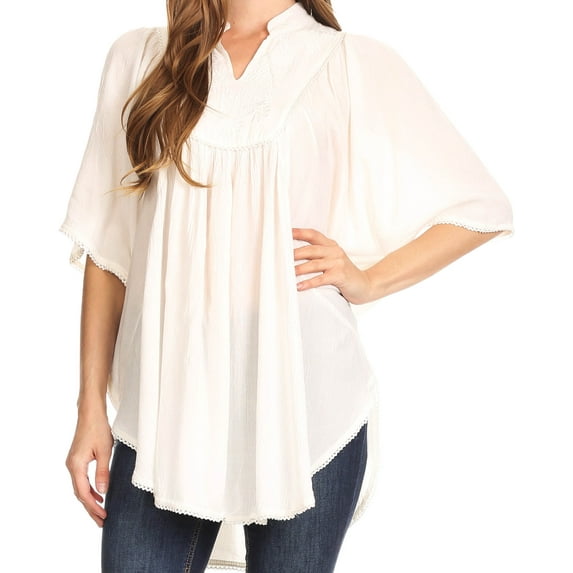 Sakkas Martina Delicate Embroidered Tie Dye Poncho Top / Cover Up - Solid White - One Size Regular