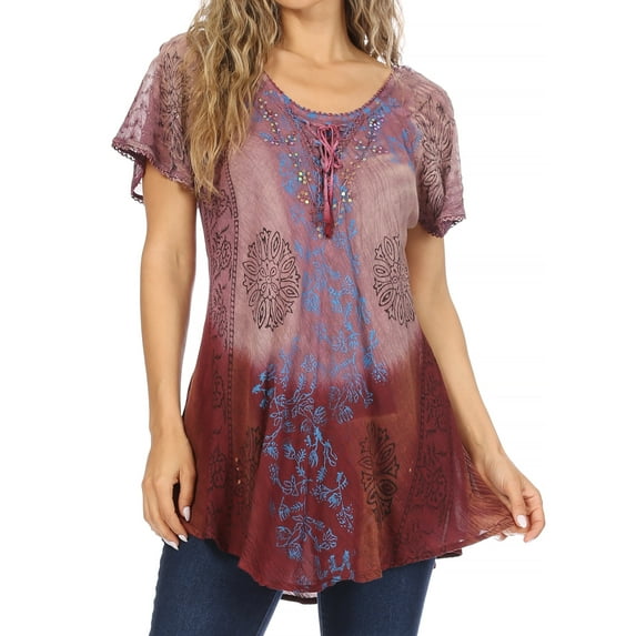 Sakkas Marzia Women's Loose Fit Short Sleeve Casual Tie Dye Batik Blouse Top Tunic - 19208-Mauve - One Size