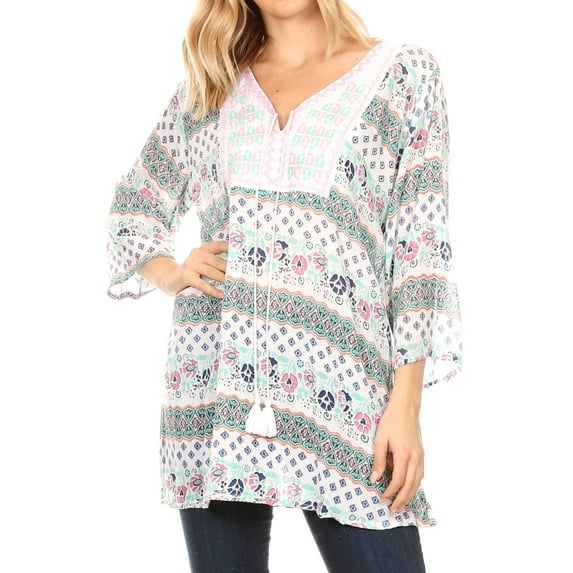 Sakkas Matia Women's Casual Summer Cotton Long Sleeve Print Loose Tunic Top Blouse - 19924-pink - L/XL