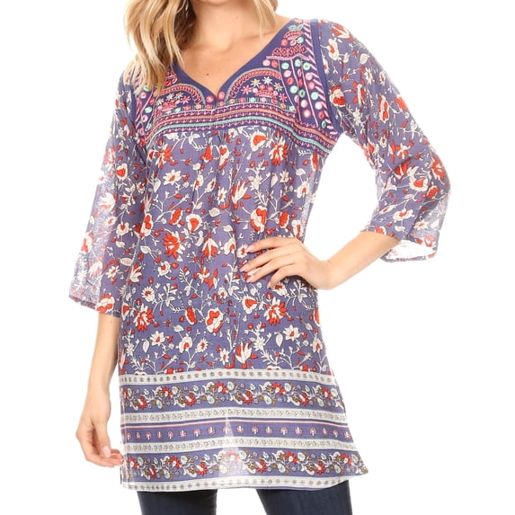 Sakkas Matia Women's Casual Summer Cotton Long Sleeve Print Loose Tunic Top Blouse - Blue - 1X/2X