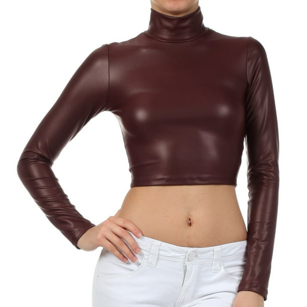 Sakkas Matte Liquid Mock Neck Turtleneck Long Sleeve Crop Top