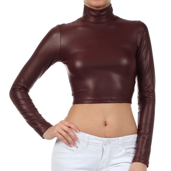 Sakkas Matte Liquid Mock Neck Turtleneck Long Sleeve Crop Top - Made in USA - Burgundy - Medium