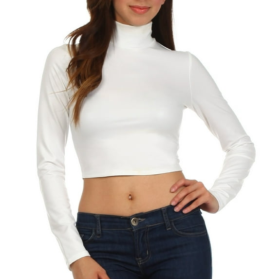 Sakkas Matte Liquid Mock Neck Turtleneck Long Sleeve Crop Top - Made in USA - Off White - 2X