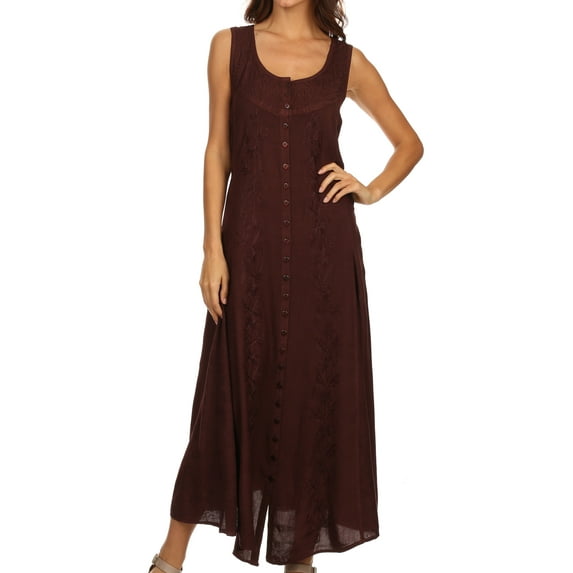 Sakkas Maya Floral Embroidered Sleeveless Button Up Rayon Dress - Chocolate - S/M