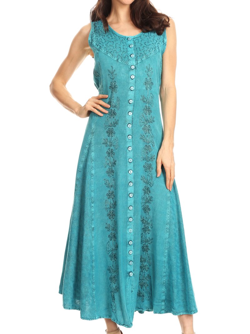 Sakkas Maya Floral Embroidered Sleeveless Button Up Rayon Dress - Turquoise  - 3X/4X - Walmart.com