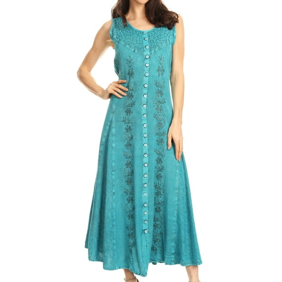Sakkas Maya Floral Embroidered Sleeveless Button Up Rayon Dress - Turquoise - 3X/4X