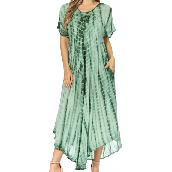 Sakkas Melika Tie Dye Caftan Dress - Green - One Size